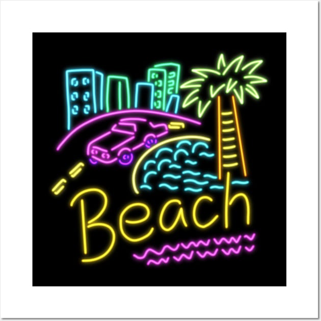 Beach neon house palm trees multi color pink Cadillac sand sun Wall Art by wenlu